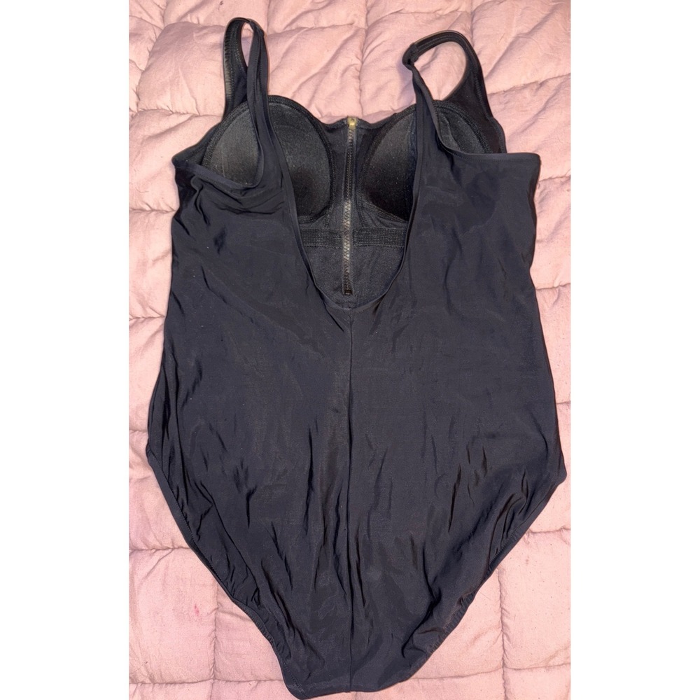 Aqua Green Black One Piece Swimsuit Zip Front Built In Bra Tummy Control‎ XL - Picture 3 of 5